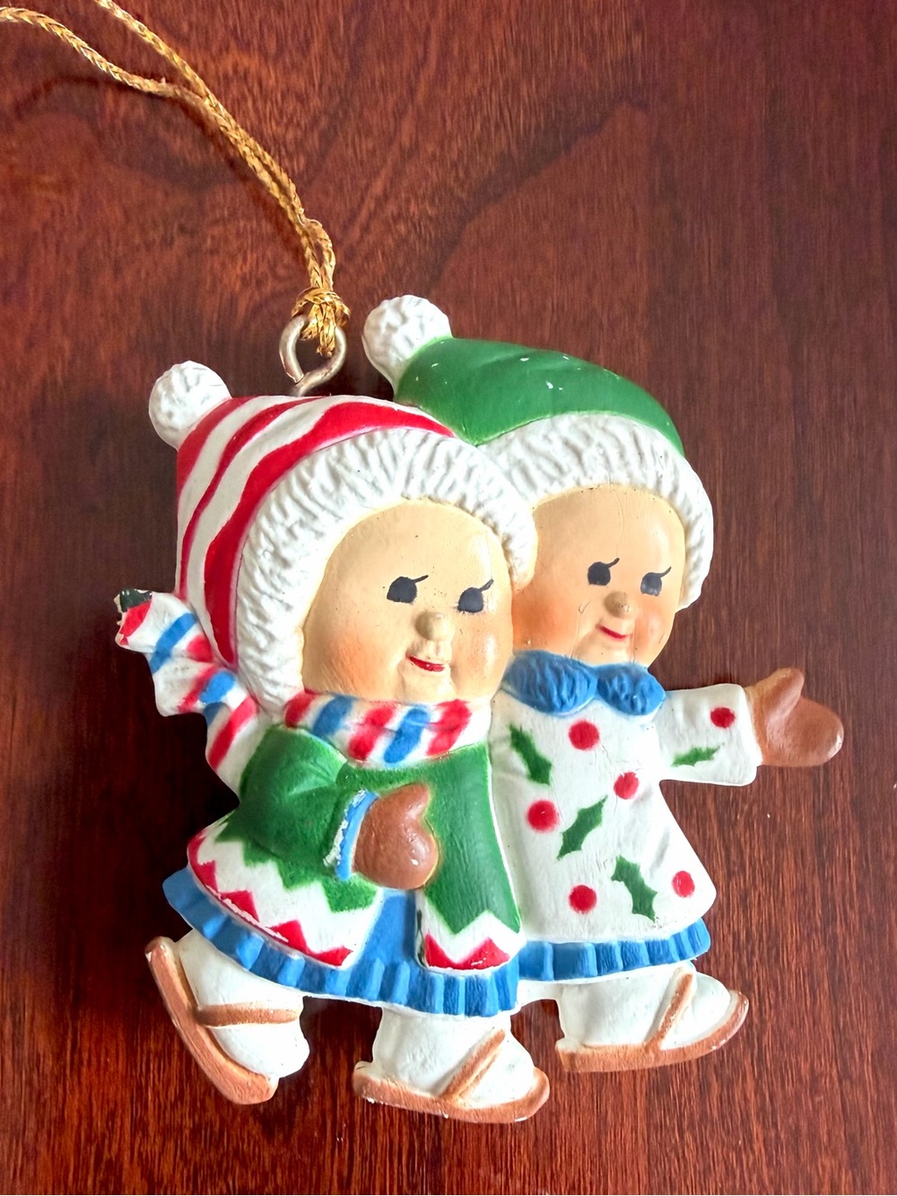 Vintage Ice Skating Christmas Ornament Pair of Children Retro Holiday Winter